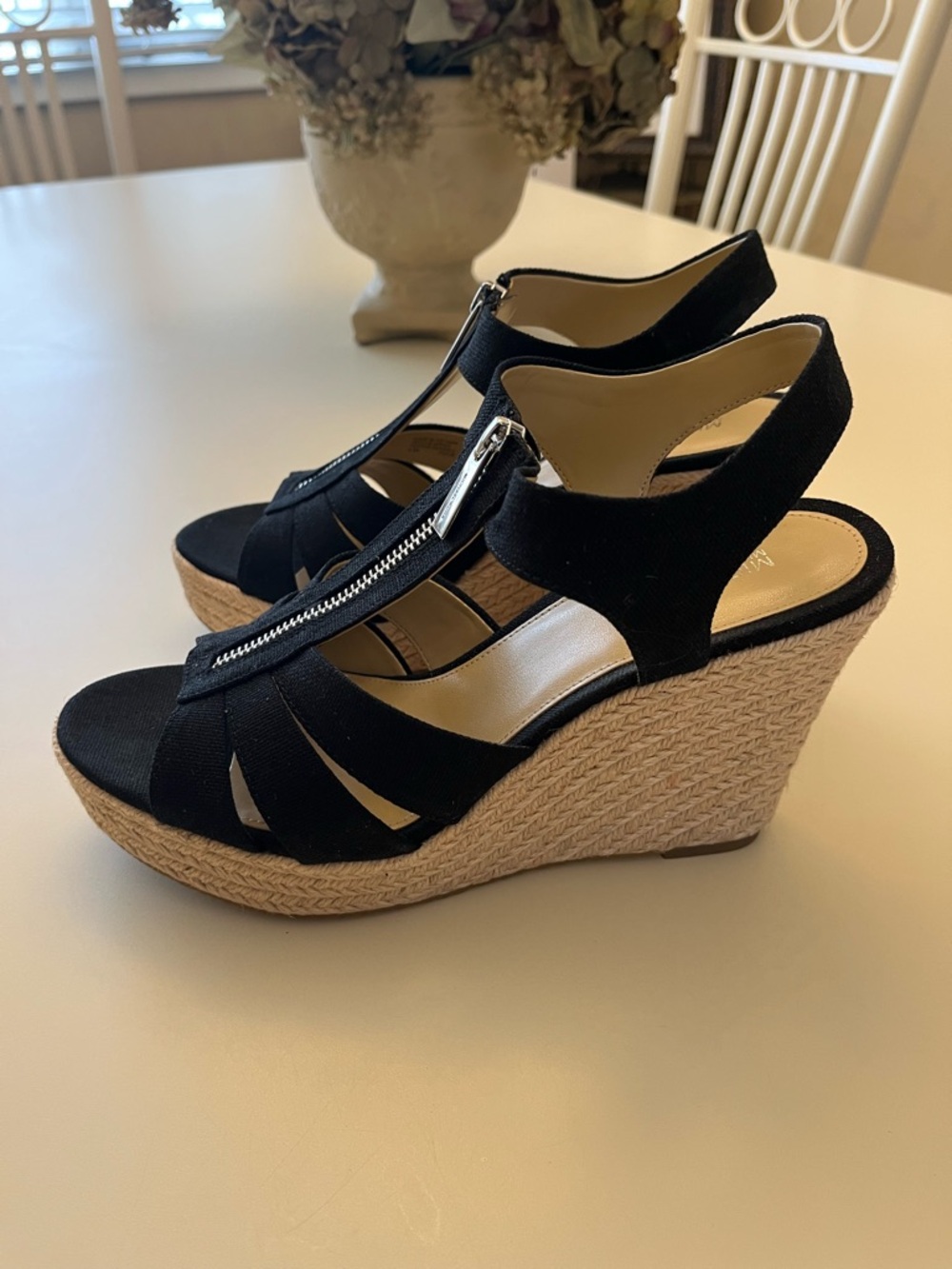 Michael Kors Berkley Wedge Canvas Black Espadrille Wedge Sandals with Front Zip - Picture 3 of 6